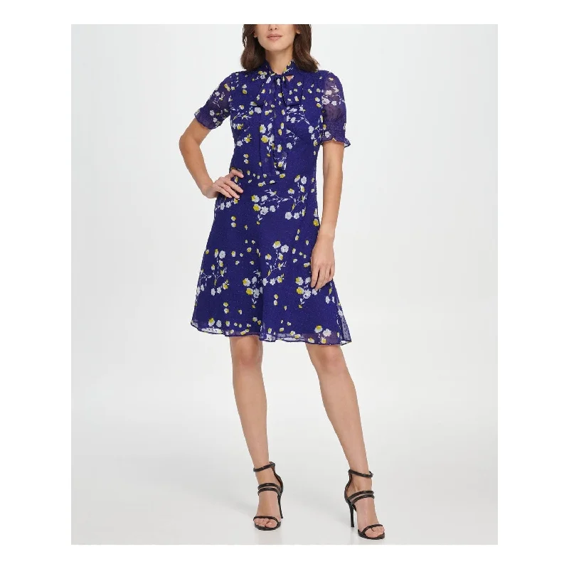 Dkny Women's Floral Tie Neck Above The Knee Fit Flare Party Dress Blue Size 4