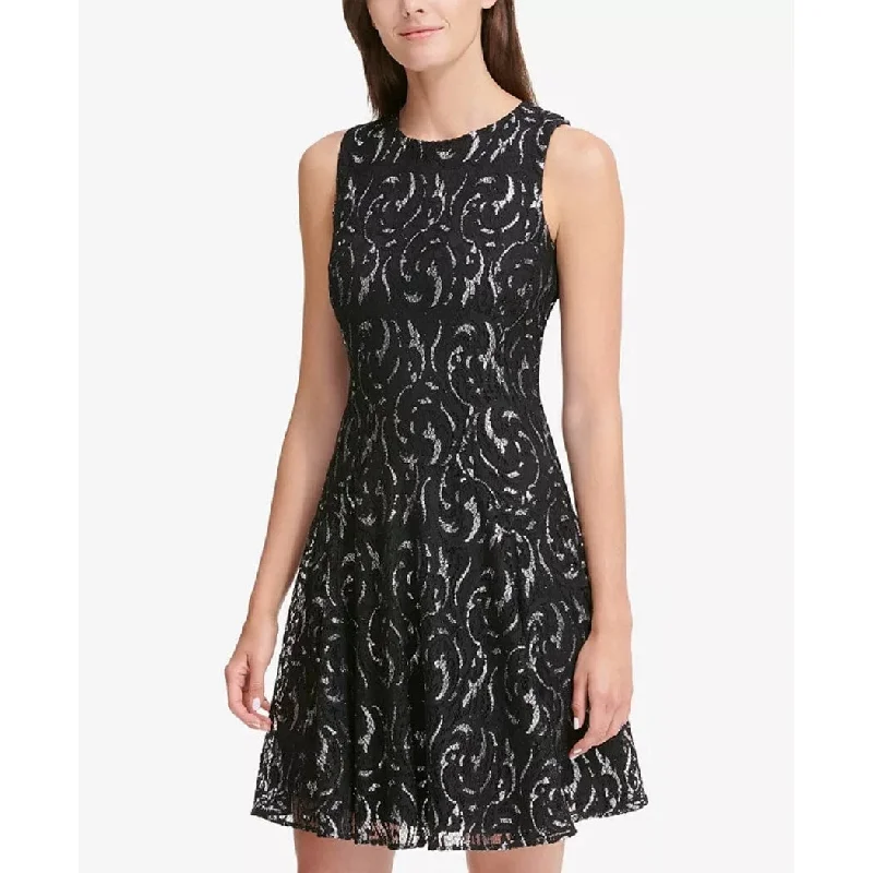 Tommy Hilfiger Women's Printed Sleeveless Jewel Neck Short Fit Flare Party Dress Black Size 6