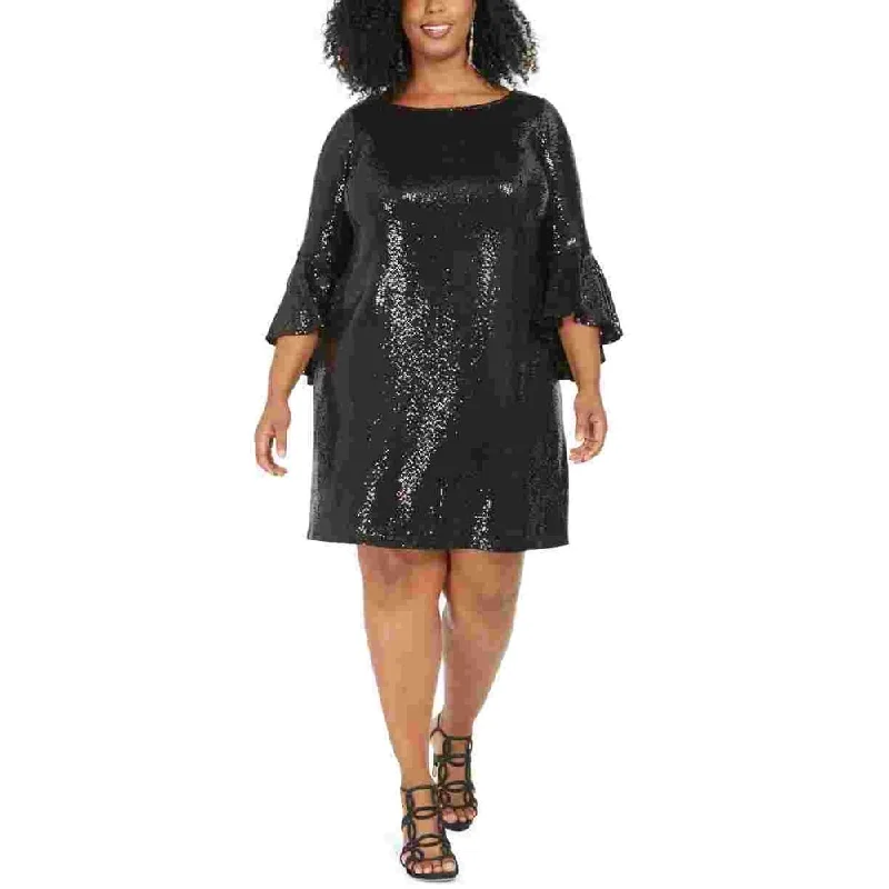 Jbs Ltd Women's Sequined Zippered Bell Sleeve Jewel Neck Above The Knee Sheath Party Dress Black Size 1X