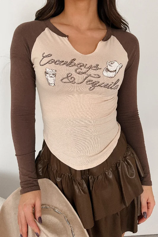 "Cowboys & Tequila" Raglan Long Sleeve Top (Beige)