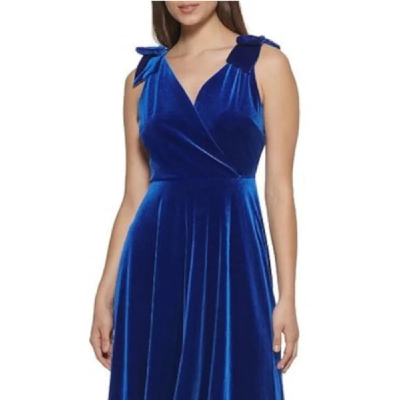 Kensie Women's Zippered Bows On Shoulder Sleeveless Surplice Neckline Below The Knee Party Sheath Dress Blue Size 12