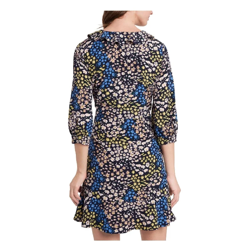 Riley & Rae Women's Ruffled Tie Floral 3/4 Sleeve Surplice Neckline Short Party Wrap Dress Blue Size 6