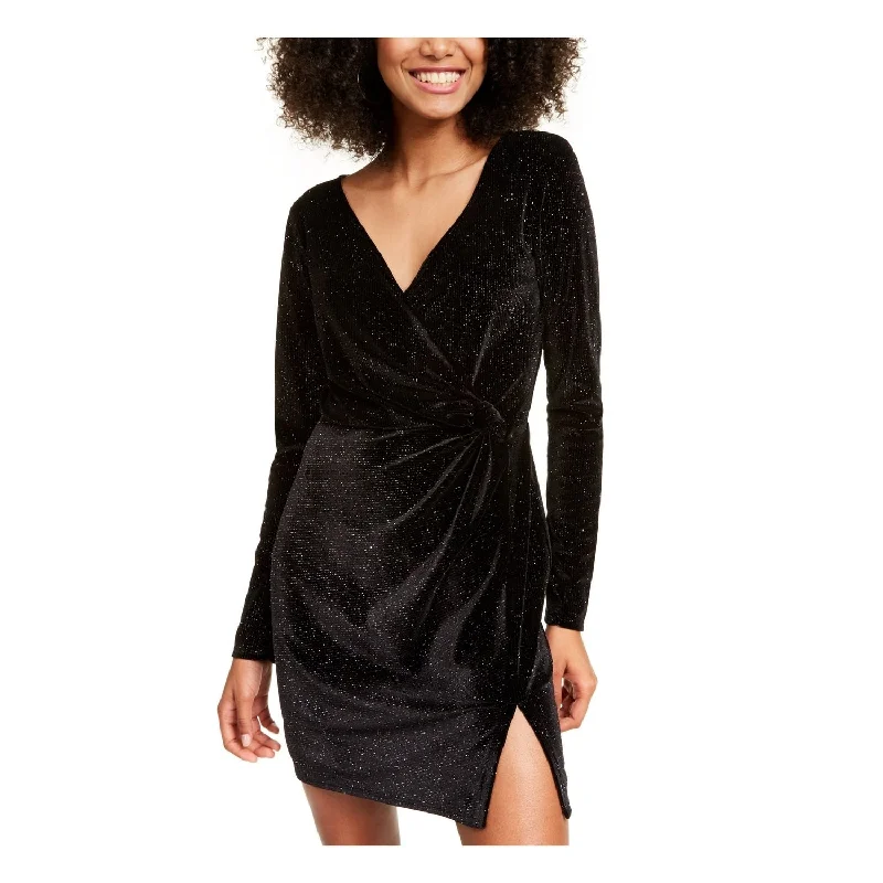 Trixxi Women's Glitter Long Sleeve V Neck Short Sheath Party Dress Black Size Small