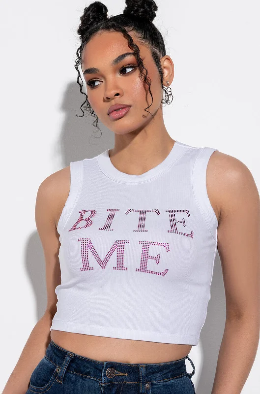 BITE ME RHINESTONE RIBBED TANK