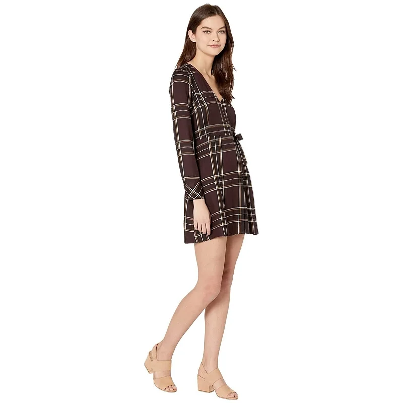 Sanctuary Women's Upbeat Faux Wrap Plaid Party Dress Brown Size 8