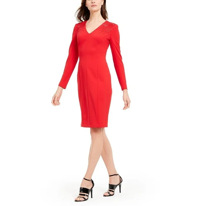 Calvin Klein Women's Long Sleeve Knee Length Sheath Party Dress Red Size 6