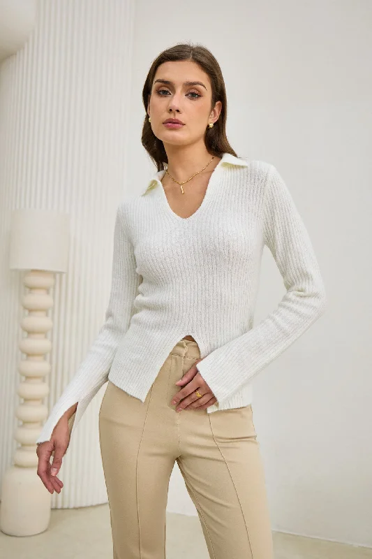 Audrey Off White Split Long Sleeve Knit Top