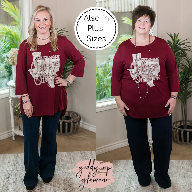 Last Chance Size 2XL | Sweet Home College Station Loose Fit 3/4 Sleeve Top in Maroon