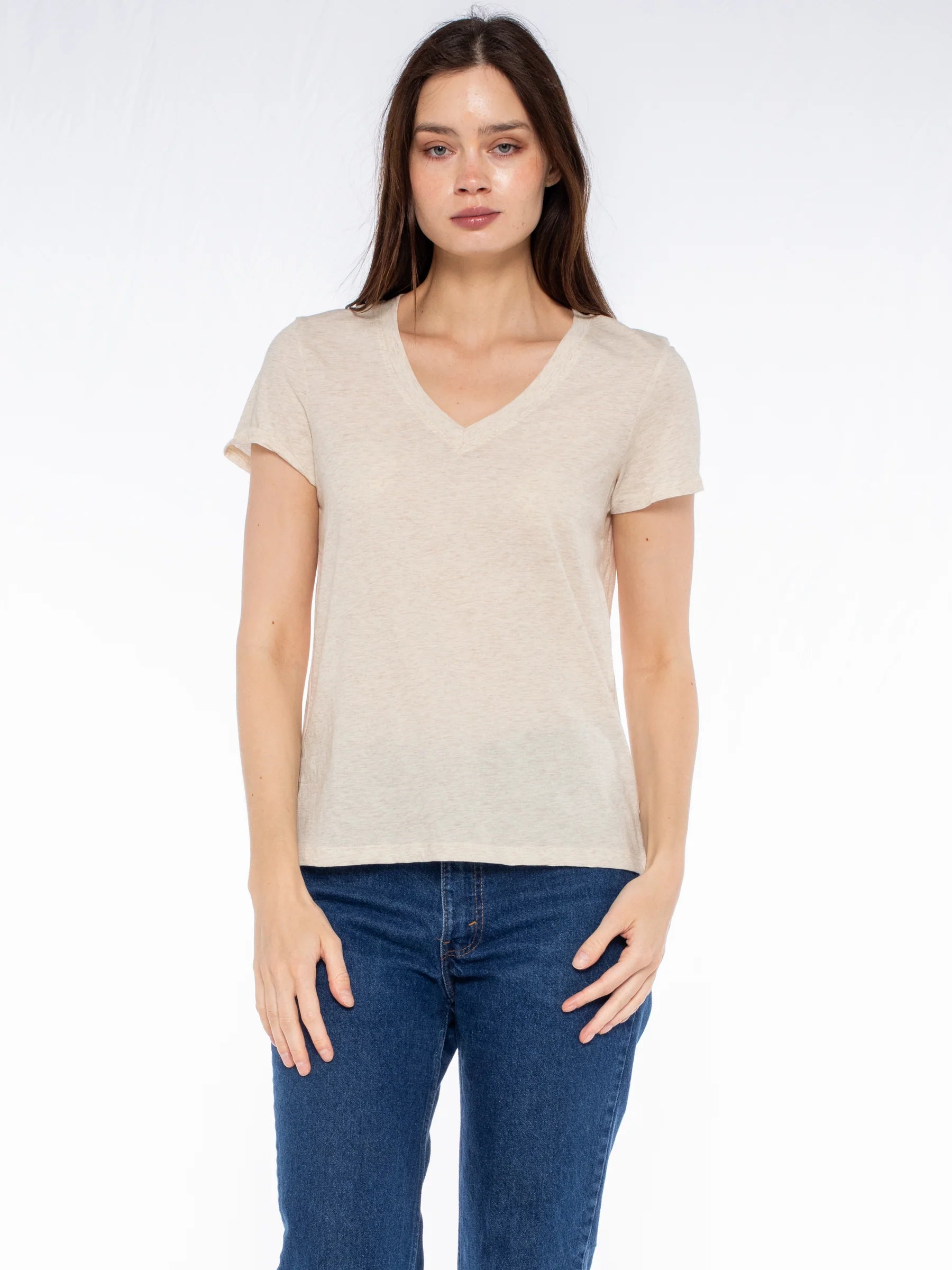 Deep V-Neck Baby Fit Tee in oatmeal by Wilt