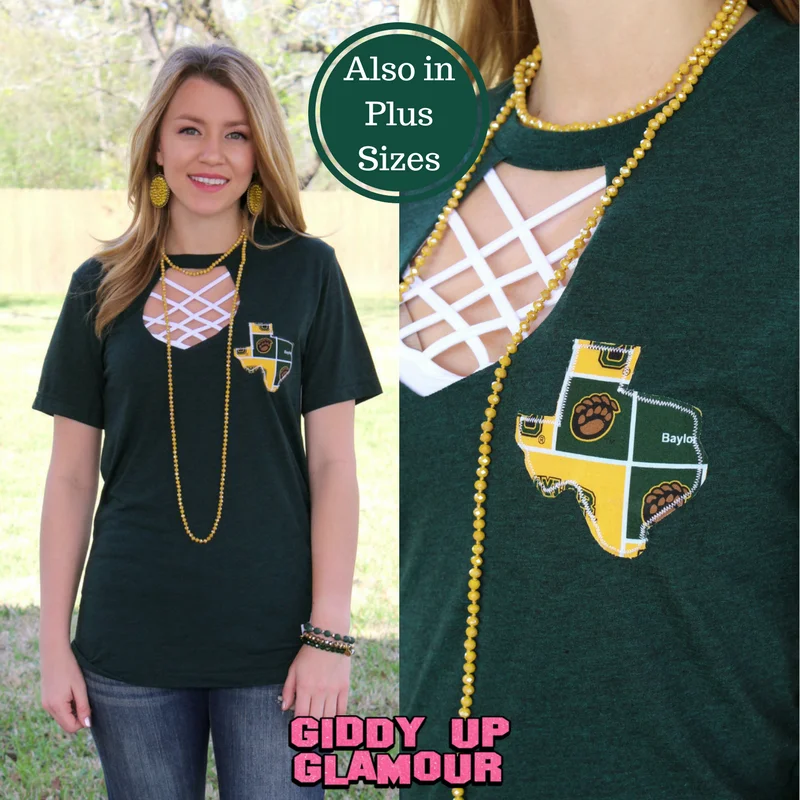 Last Chance Size Small, Large & XL | Go Baylor Bears Short Sleeve Tee with Keyhole Cut Out in Heather Green