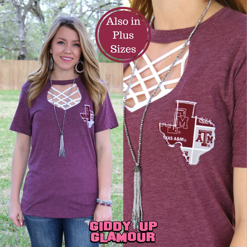 Go Texas A&M Aggies Short Sleeve Tee with Keyhole Cut Out in Heather Maroon