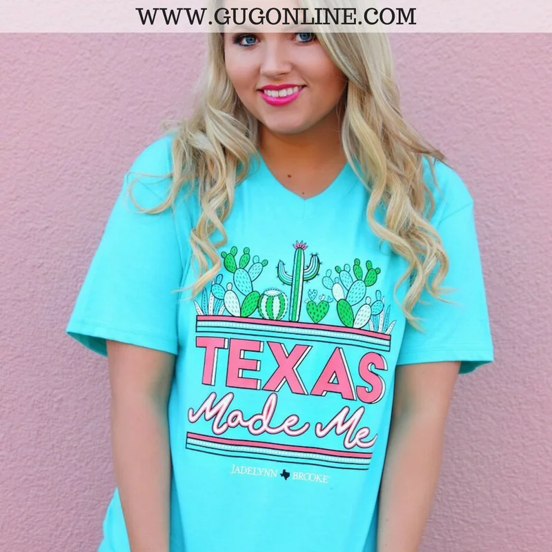 Last Chance Size XS | Texas Made Me Cactus Short Sleeve Tee Shirt in Seafoam Turquoise | ONLY 1 LEFT!