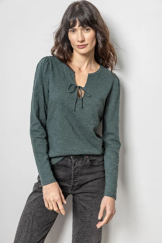 Tie Front Split Neck Tee in evergreen by Lilla P