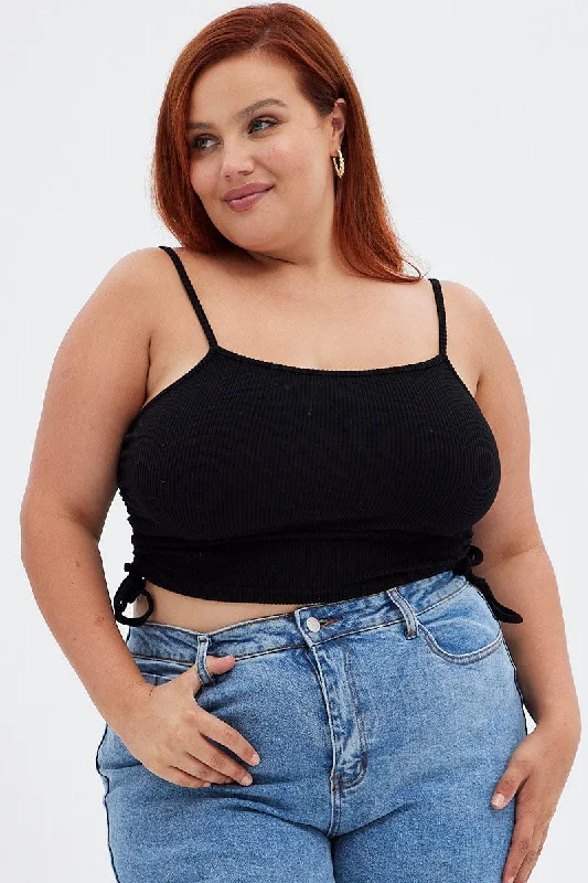 Black Crop Top Rib Jersey Drawstring Side