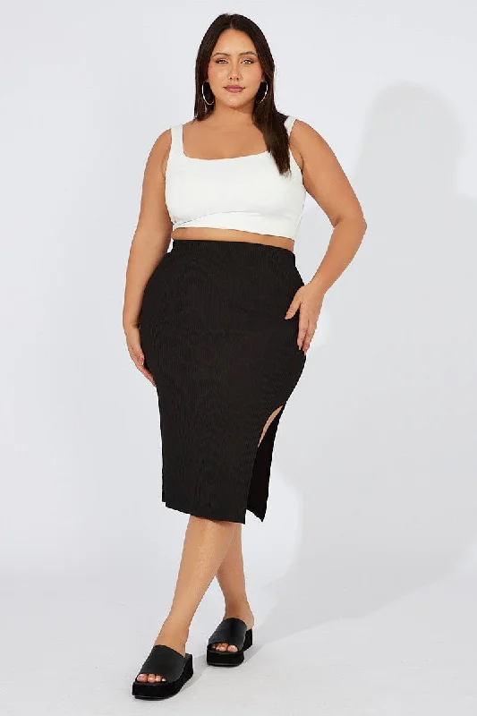 Black Midi Bodycon Skirt Rib