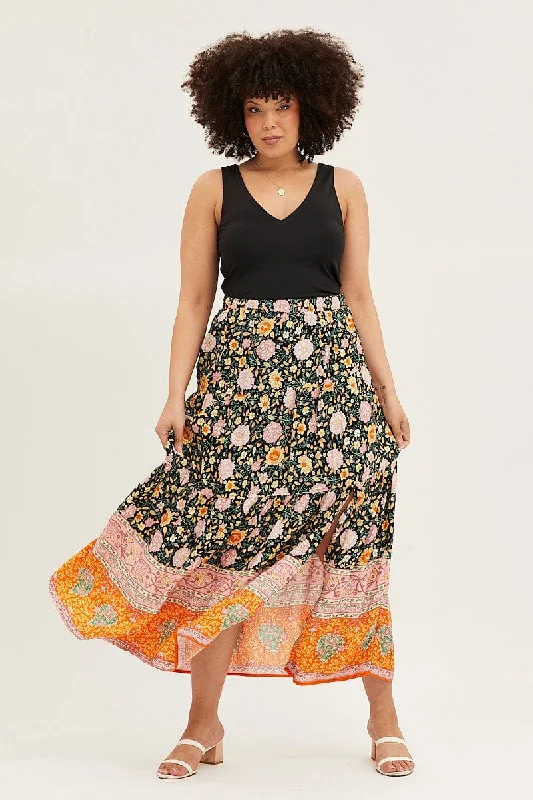 Boho Print Elastic Waist Maxi Skirt