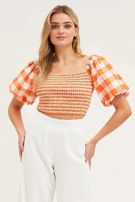 Check Gingham Half Sleeve Shirred Cropped Top