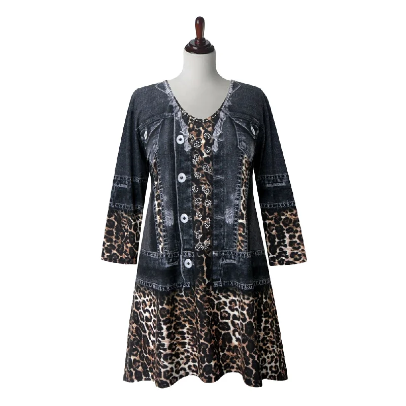 Valentina Signa "Leopard & Denim" Print V-Neck Tunic - 22689-TU