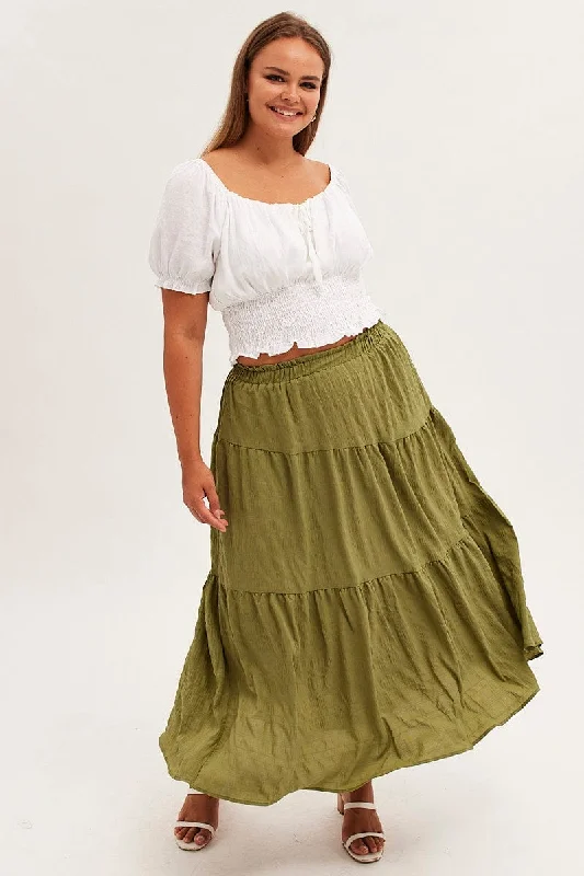 Khaki Maxi Skirt Elastic Waist Long Textured