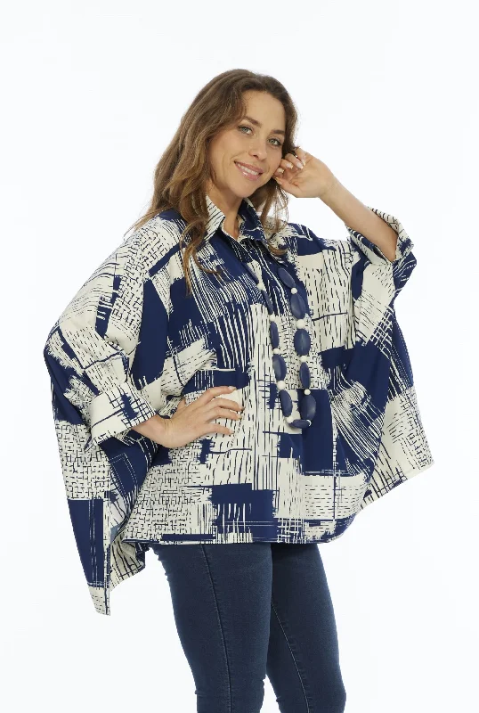 One size fits all Women's Collar Top Navy Abstract Print | LIOR