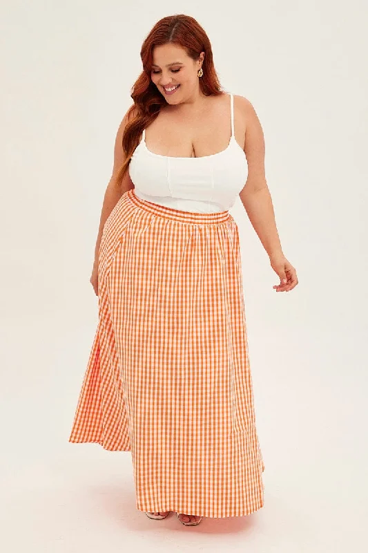 Orange Check Midi Skirt High Waist Elaticated Waist