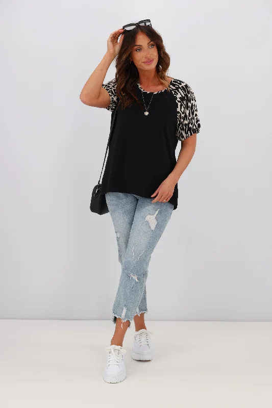 Shine On Label Sariah Animal Print Puff Sleeve Top Black