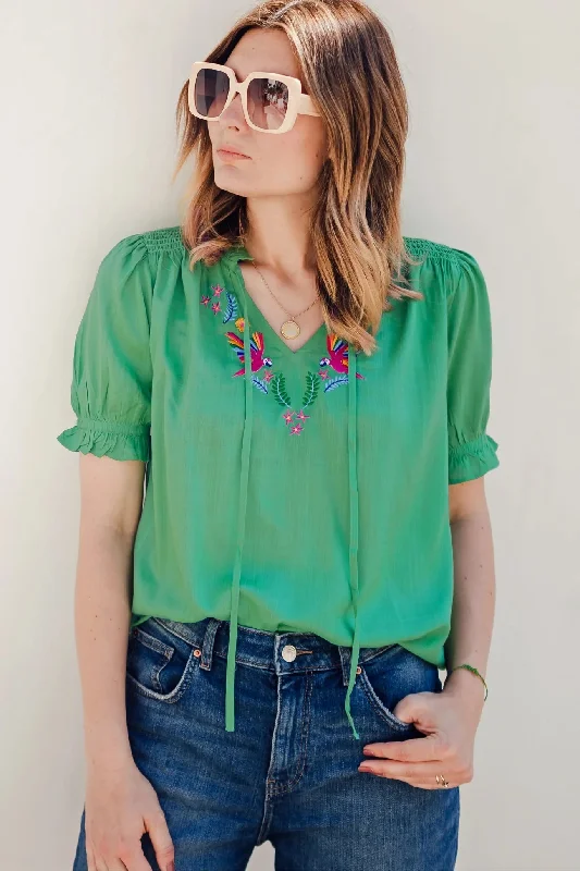 Sugarhill Angelique Shirred Top Rainbow Parrots Embroidery Green