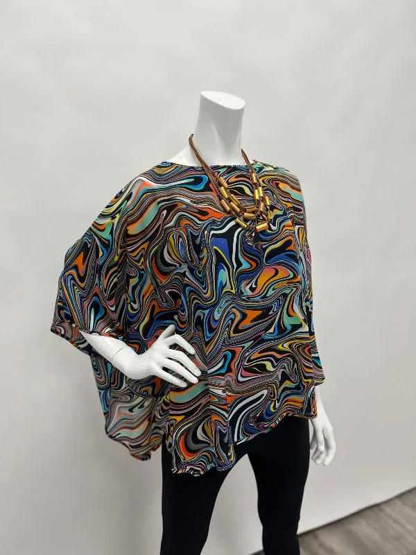 Lior Jewel Neck Draped Sleeve Layered Cape Top Multi Swirl Watercolor