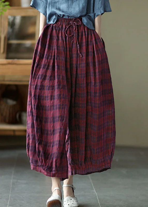 Boutique Red Plaid Pockets Cinched Patchwork Cotton Lantern Pants Summer