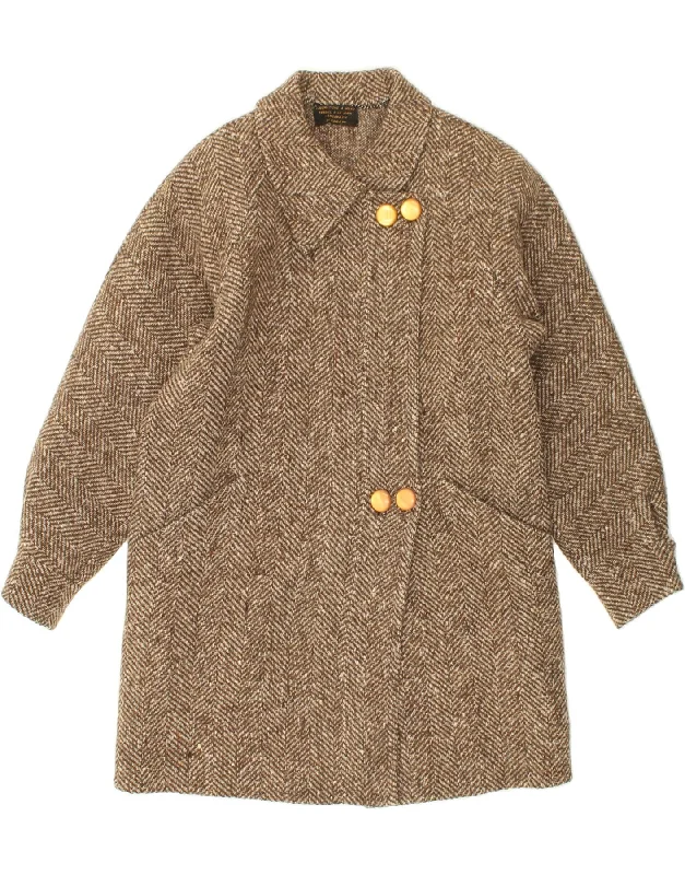 MARZOTTO Womens Overcoat UK 14 Large Brown Herringbone Wool