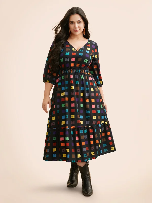 Colorblock Contrast Shirred Lantern Sleeve Dress