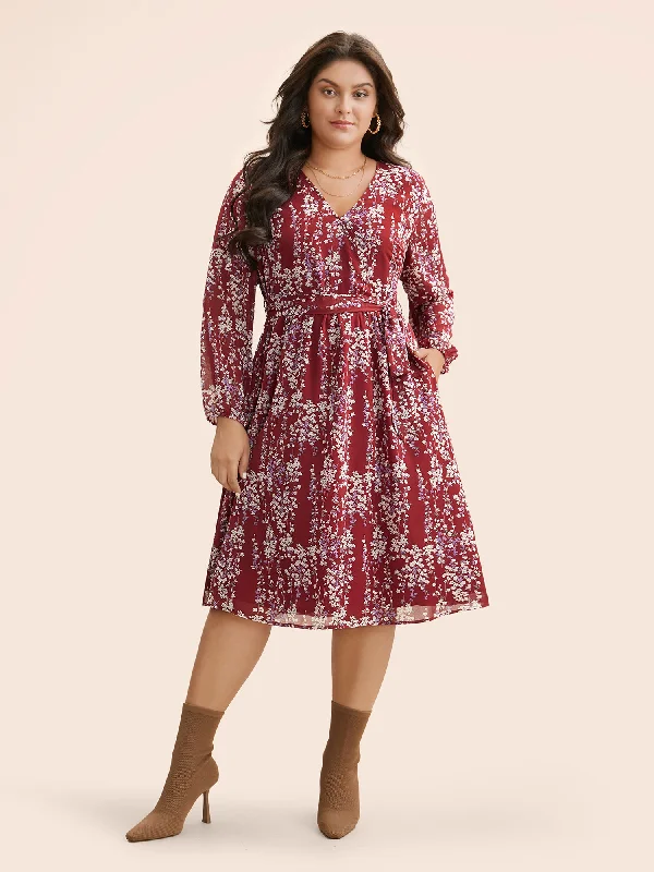 Ditsy Floral Overlap Collar Belted Dress