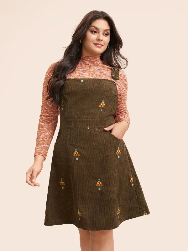 Floral Embroidered Corduroy Overall Dress