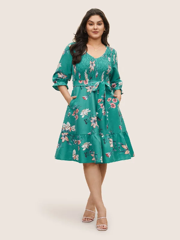 Floral Print Shirred Front Ruffle Sleeve Dress