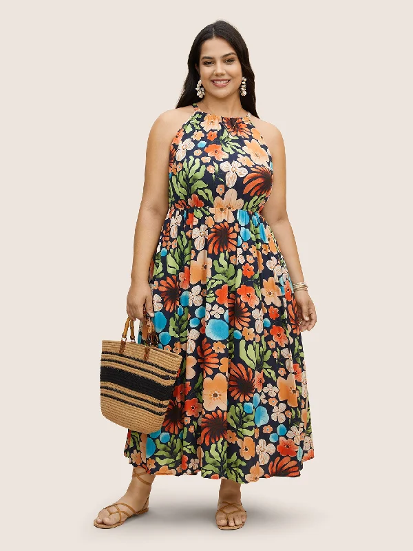 Floral Printed Patchwork Side Seam Pocket Dress