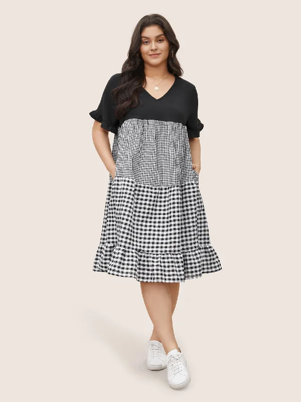 Gingham Patchwork V Neck Pocket Ruffles Dress