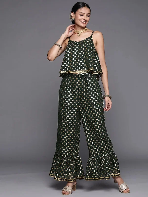 Green Printed Georgette Top With Palazzos