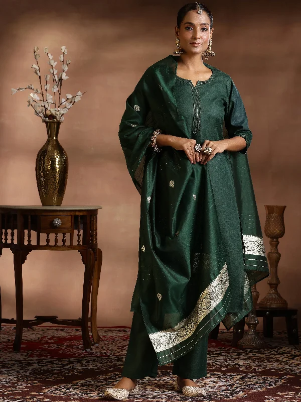 Green Solid Silk Blend Straight Suit With Dupatta