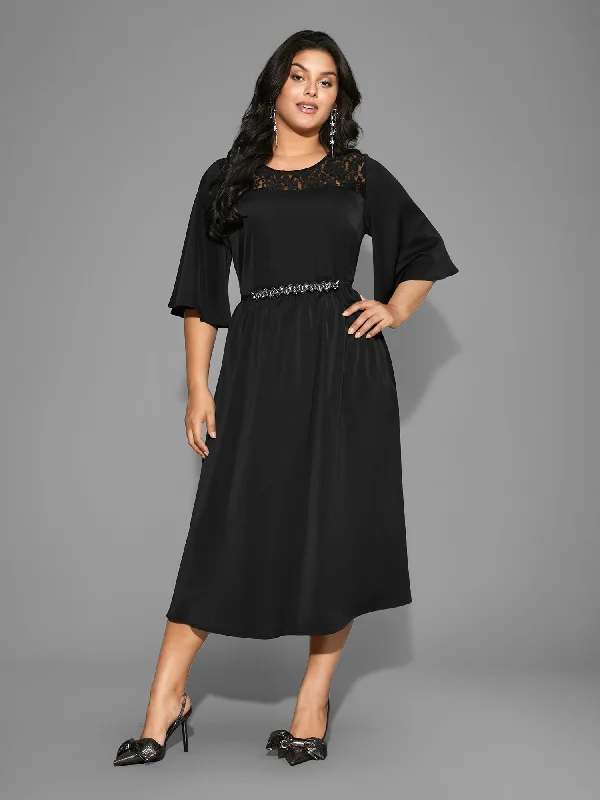 Lace Panel Elastic Waist Ruffle Sleeve Dress