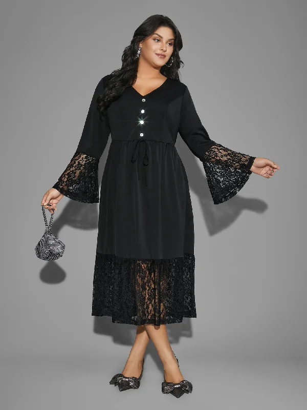 Lace Patchwork Button Detail Tie Knot Dress