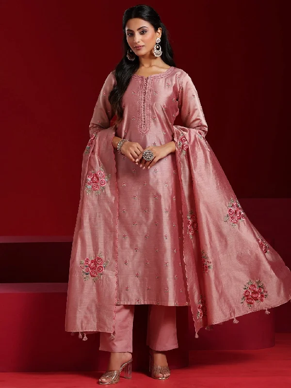 Libas Art Pink Embroidered Chanderi Silk Straight Suit With Dupatta