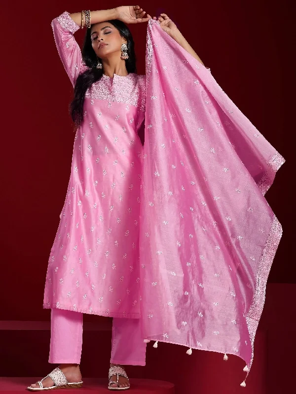 Libas Art Pink Embroidered Chanderi Silk Straight Suit With Dupatta