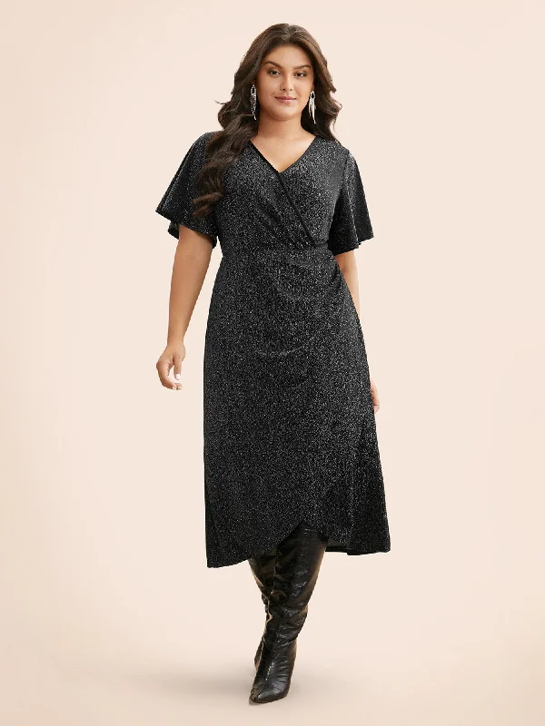 Luxe Overlap Collar Ruffle Sleeve Dress