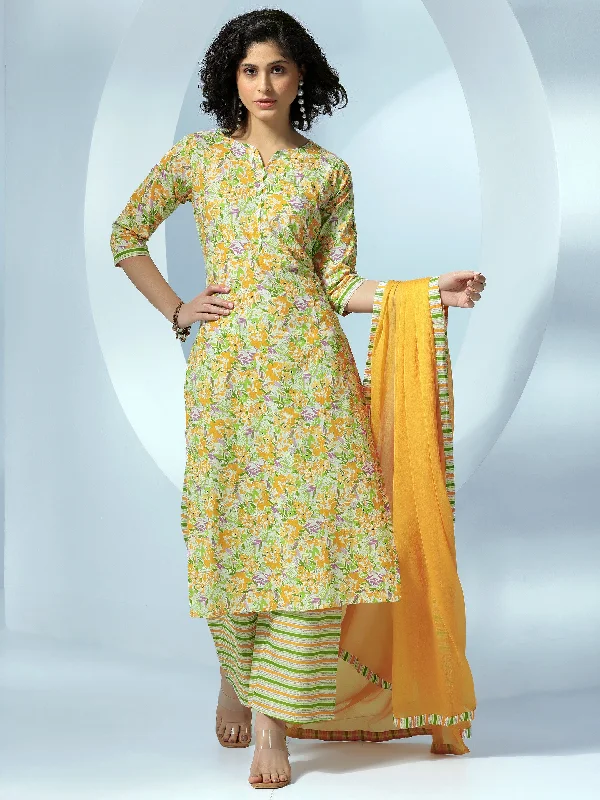 Off White Printed Cotton Straight Suit With Dupatta