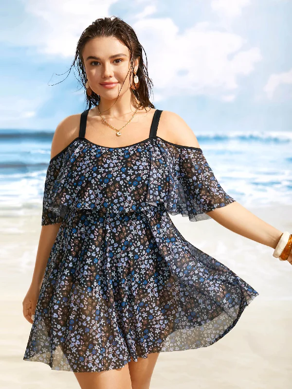 One Shoulder  Ditsy Floral Ruffles Swim Dress