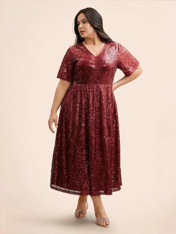 Sequin V Neck Elastic Waist Dress