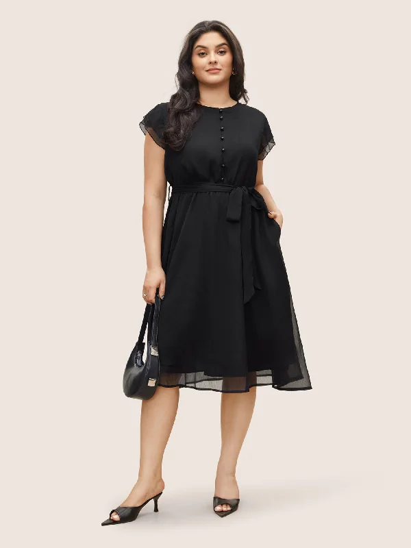 Solid Mesh Belted Ruffle Cap Sleeve Dress