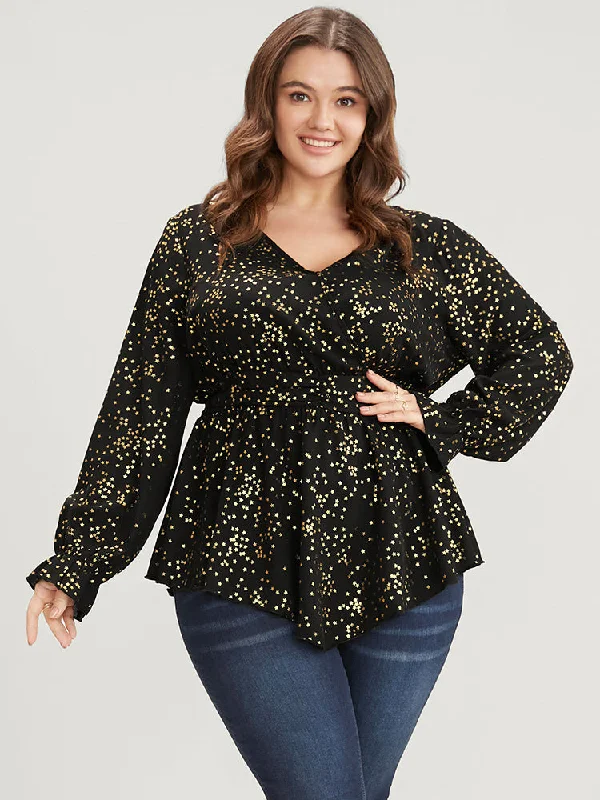 Star Print Lantern Sleeve Asymmetrical Ruffles Hem Wrap Blouse