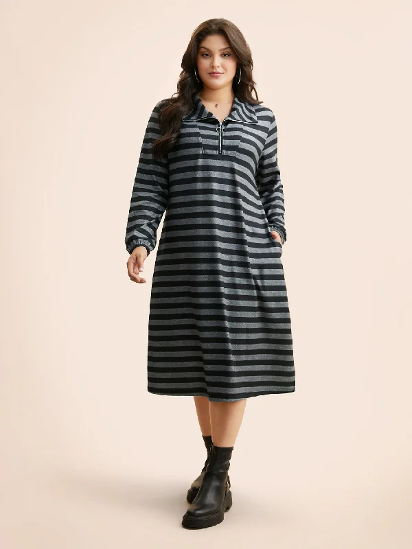 Striped Half Zip Pocket Dress