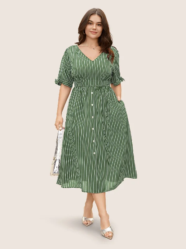 Striped Knot Sleeve Button Detail Dress